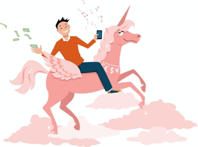 graphic of a man riding a pink unicorn