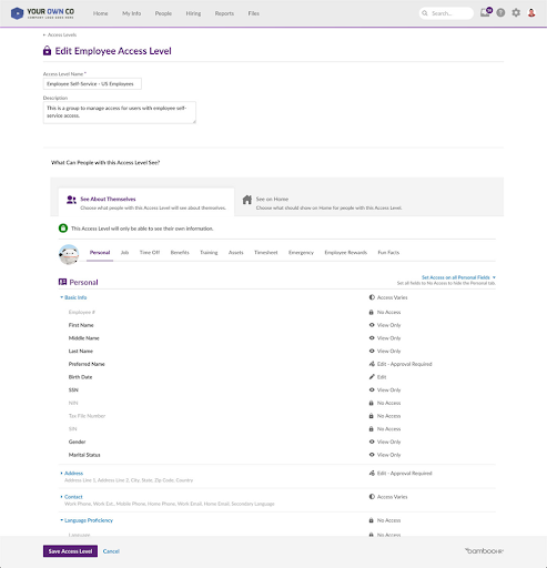 BambooHR access levels