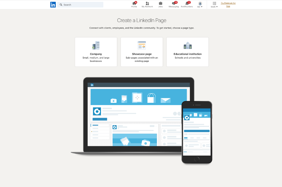 laptop and mobile device showing how to create a LinkedIn page