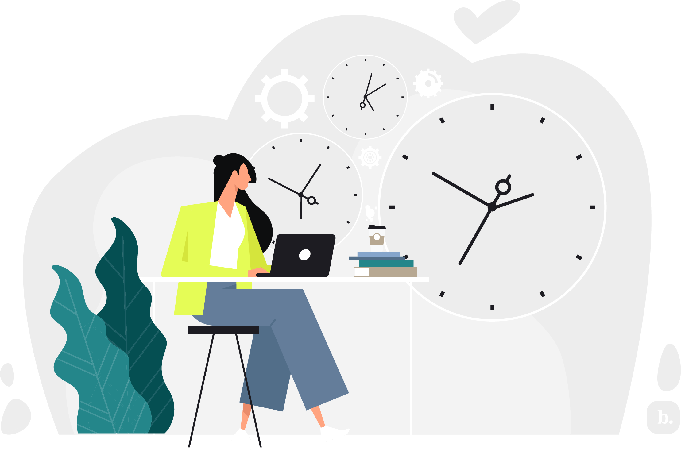 graphic of a businessperson at a desk with clocks surrounding them