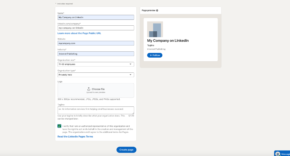 Filling in the details of a LinkedIn company page