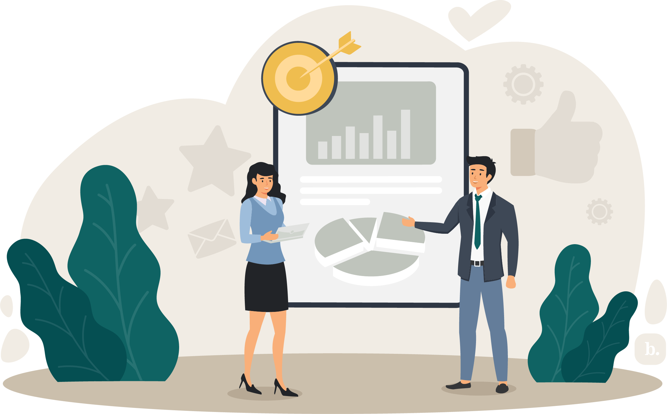 graphic of businesspeople standing in front of a large graph