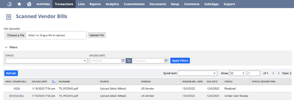 Netsuite vendor bills