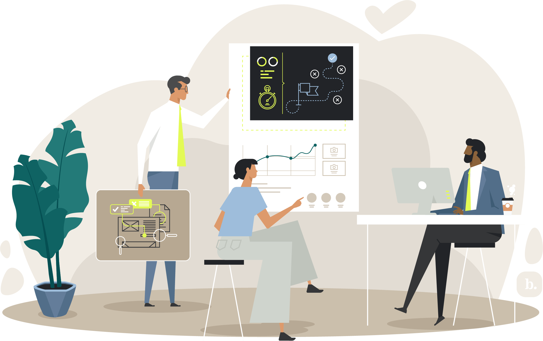 graphic of businesspeople looking at a presentation with graphs on a screen