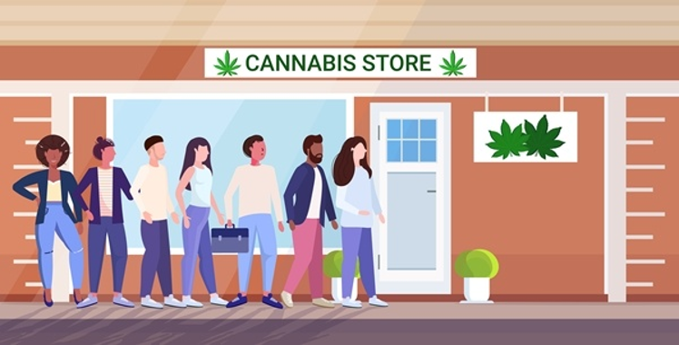 People standing in line outside of a Cannabis Store