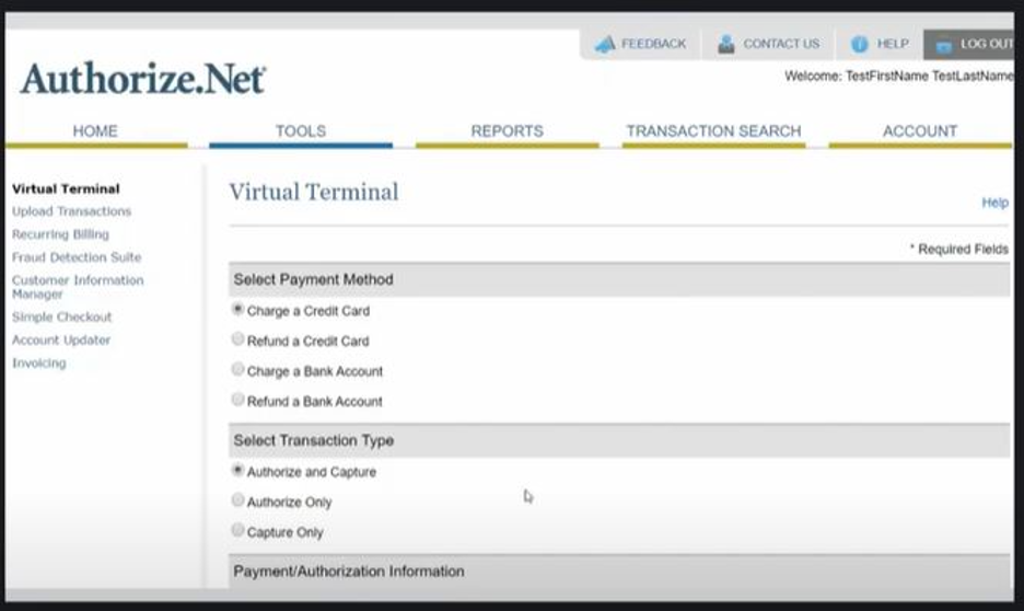 ProMerchant Authorize.net dashboard