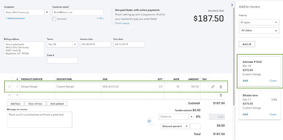 Quickbooks partial payments