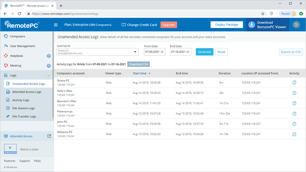 RemotePC access logs