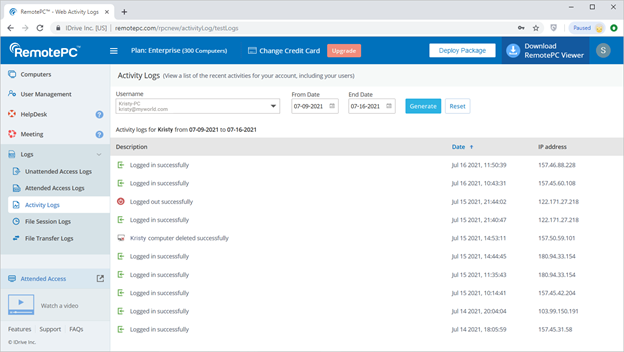 RemotePC activity logs