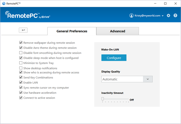 RemotePC preferences