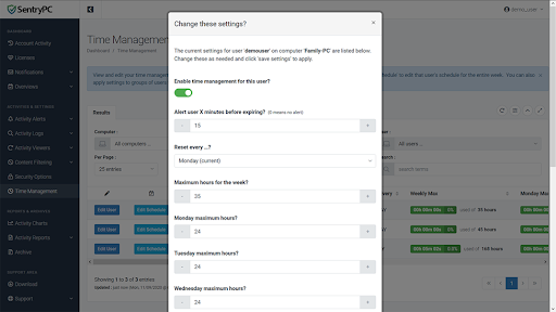 SentryPC employee usage limits