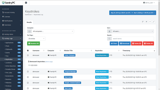 SentryPC can track users' keystrokes