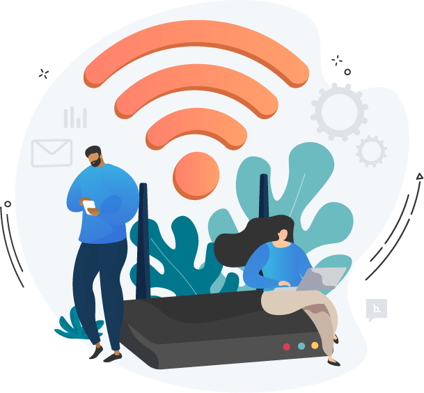 graphic of two people sitting on a router near a large wi-fi signal